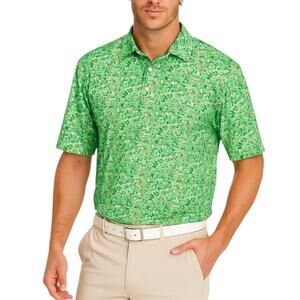 Birdie Threads Men's M Golf Polo Shirt Green‎ Grass Print Sporty Maximalist Bold